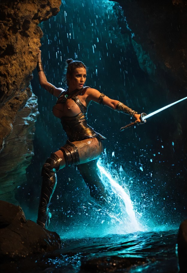distant
 wide shot of the female blacksmith in her [iridescent nautilus armor],performing a powerful strike against a…