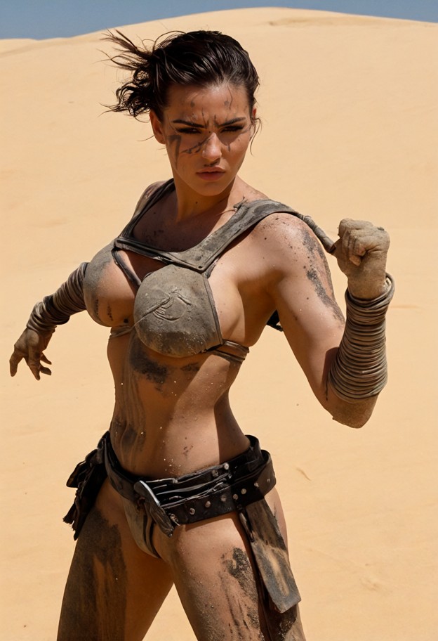 close-up
 of a desert sorceress with sand swirling around her arms,forming the 
shape of two giant,crystalline sand-s…
