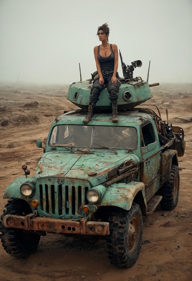 a
 massive,cinematic shot of a de-militarized heavy tank converted into a
 mobile wasteland home. the main turret has…