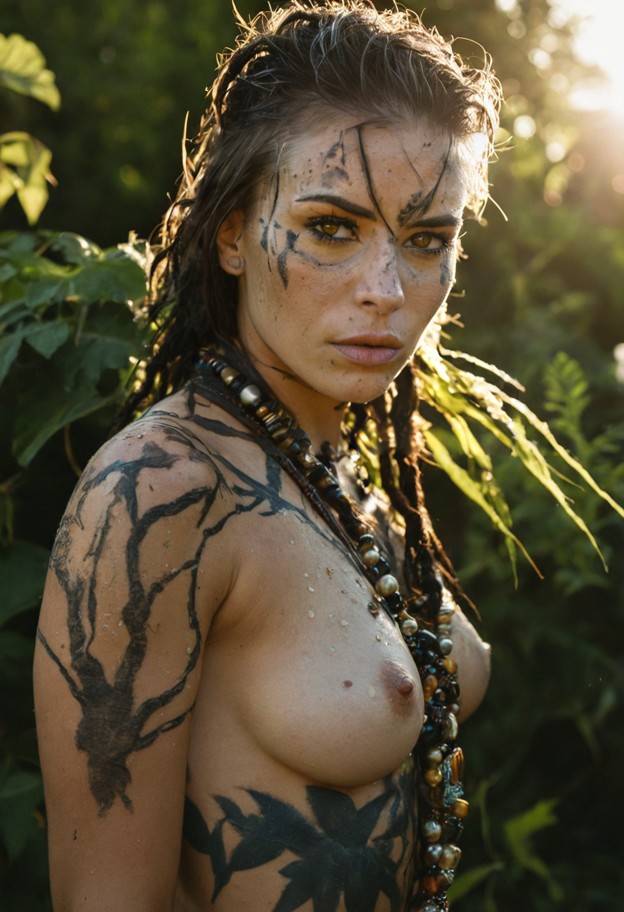 extreme close-up of 1girl,exotic
 biological punk hairstyle,hair interwoven with dried vines and dark 
feathers,moss-…