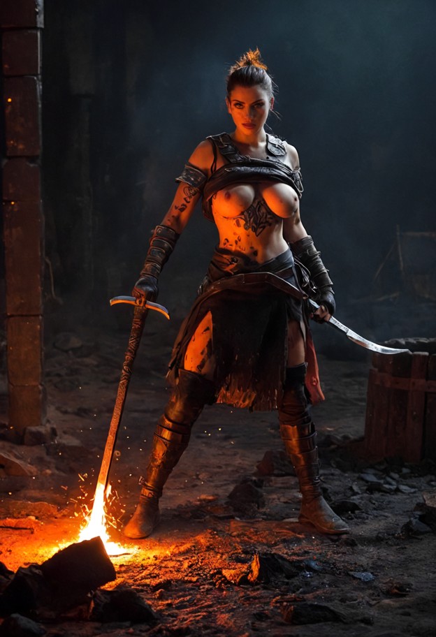 distant
 wide shot of a female blacksmith holding a [massive two-handed battle 
axe with a wavy,serrated obsidian bla…