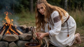 Aurelija Drains The Red Liquid Into Wooden Bowl From — AI Porn Video
