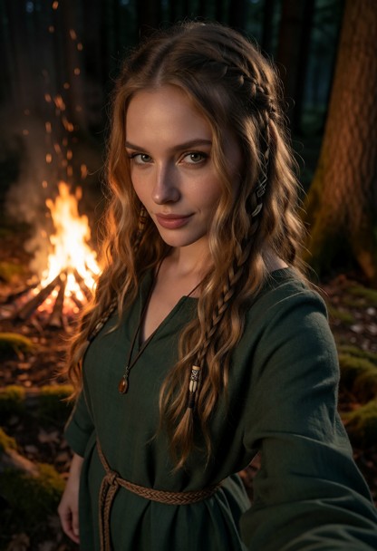 Location: a mystical forest grove at night, centered around a crackling bonfire that casts flickering amber light and…