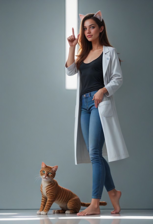 girl,standing,lab coat open revealing black top,jeans,holding scanner device,side view,dark blue long hair tucked beh…
