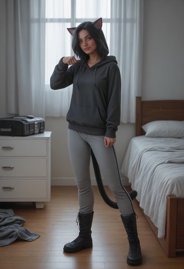 1girl standing,wearing dark grey hoodie,grey sweatpants,black rain boots,spinning,morning sunlight,hardwood floor,bed…