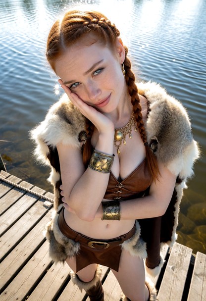 Location: bright afternoon on a weathered wooden dock by the water, with sunlight reflecting off the ripples and glin…