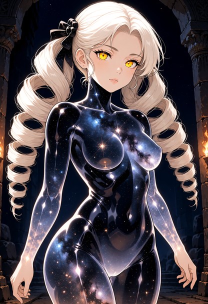 A cinematic full-body shot of a celestial entity in the form of a woman, standing in an ancient, dark temple ruins. H…