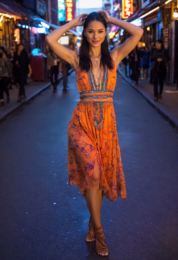 city,street_lights,neon light,colored glow,reflections,vibrant tone,1girl,solo,hands up,shaking hips (dancing),boho o…