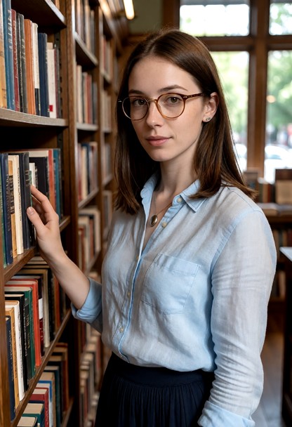 Location: afternoon in a quiet bookstore with tall wooden shelves filled with colorful spines and soft daylight filte…