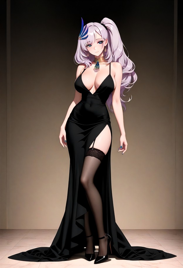 a she is wearing an evening dress with a slit,stockings,and stiletto heels,elegant evening dress,slit dress,high heel…