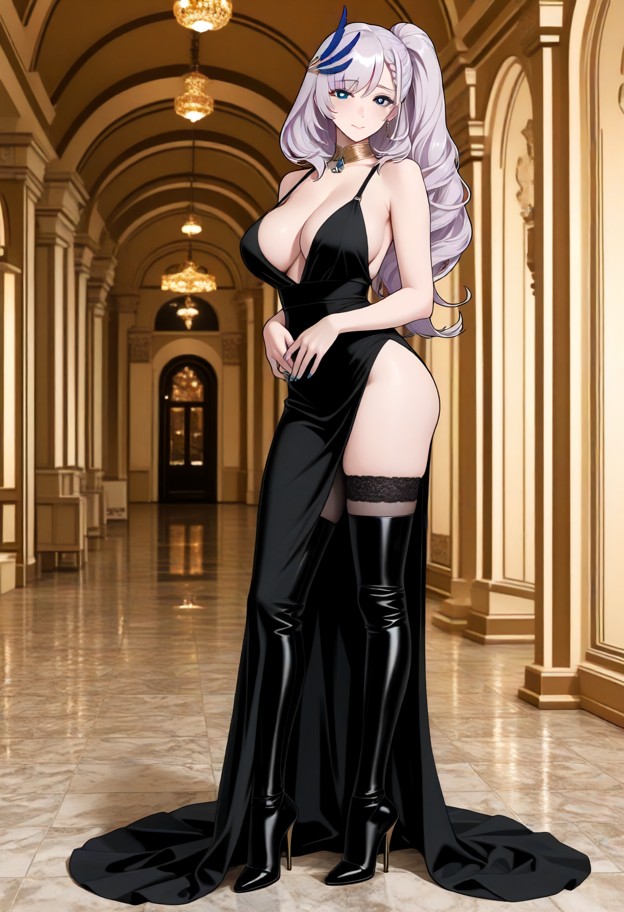 she is standing in an evening dress,evening dress,slit dress,stockings,leather thigh high boots,stiletto heels,ballro…