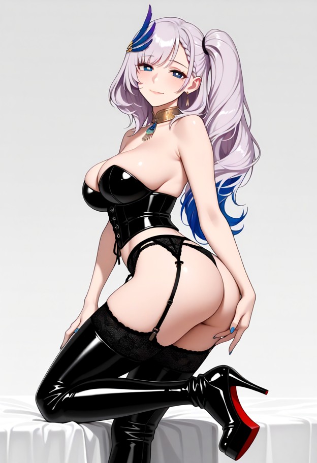she is wearing a leather corset with a thong a garter belt with stockings and thigh high lether boots with stilleto h…