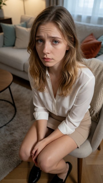 The subject looks slightly afraid, with downcast glossy eyes, a slight frown, and a quiet melancholic expression., Th…