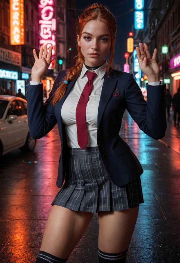 flirty,subtle smile,direct gaze,soft expression,1girl,solo,hands up,shaking hips (dancing),solo,eye contact,city,stre…