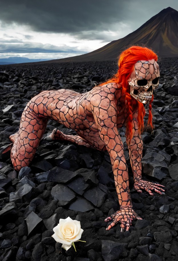 a surreal fine art photograph of a humanoid figure in a dramatic crawling posture within an immense icelandic volcani…