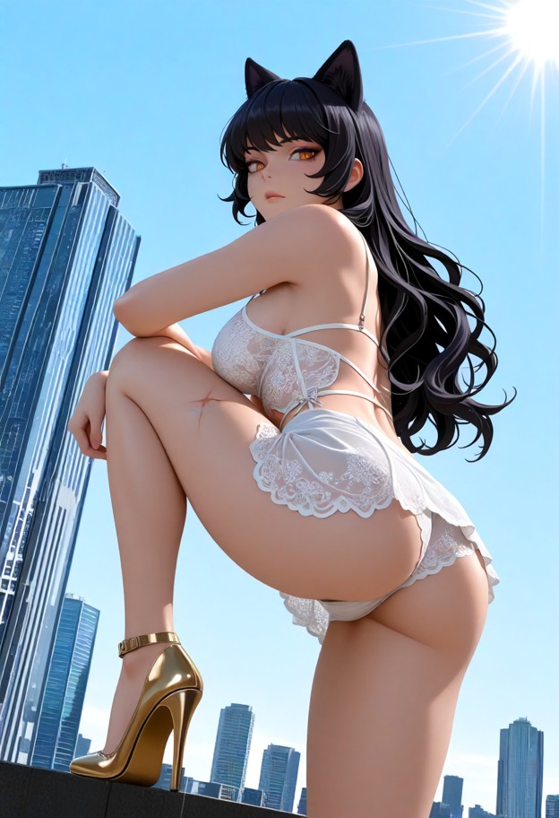 blake belladonna leans down toward the viewer,solo,red silk mini dress,white lace panties,gold strappy heels,metropol…