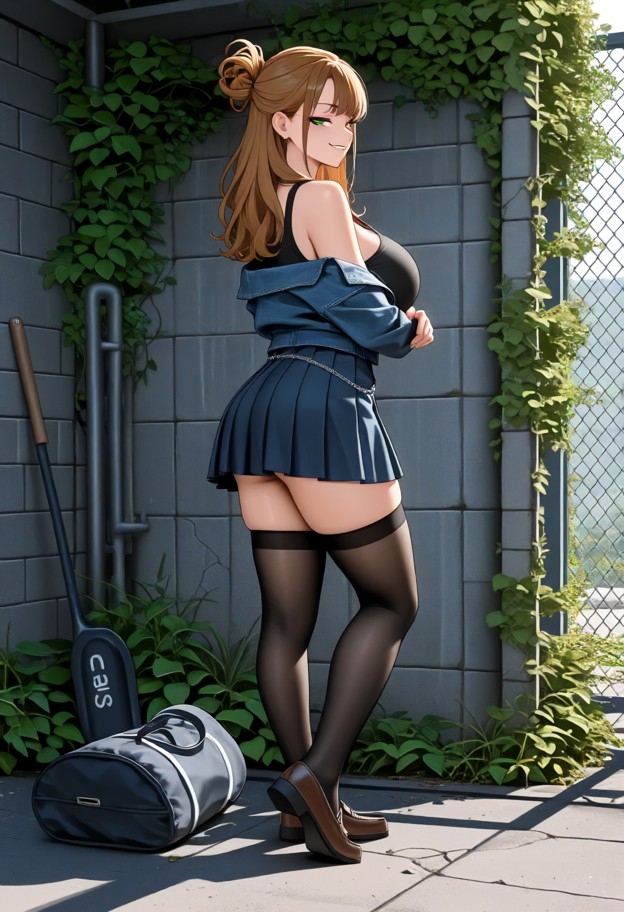 1girl,solo leaning against brick wall with arms crossed,smirking playfully,stepping closer with narrowed eyes,tugging…