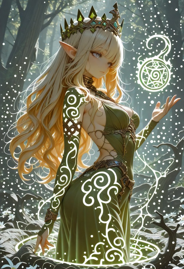(1 beautiful young female elf:1.2),(long voluminous wavy blonde hair:1.3) flowing down her back,(pointed elf ears:1.1…