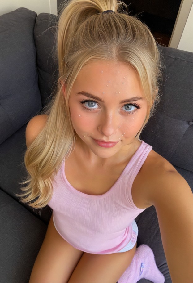 she is is sitting on a couch,pink tank top,pastel sweater,fuzzy socks,living room,dark furniture,dim lighting,selfie …