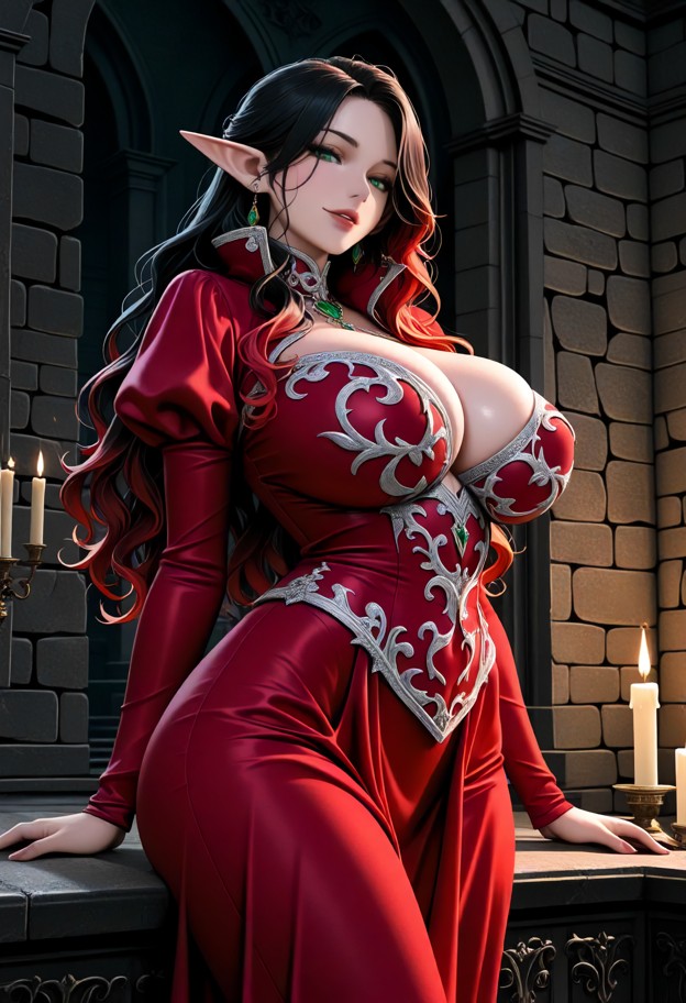 anouk stands in a castle hall with an angry expression,crimson velvet gown,silver embroidery,high collar,grand castle…