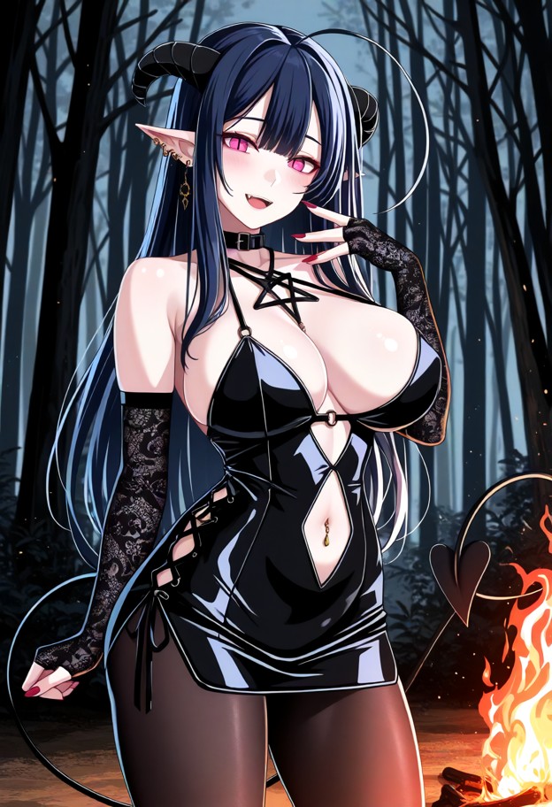 kanan takakiyo stands tall and points a finger at viewer,short dress,black silk gloves,black tights,red nail polish,d…