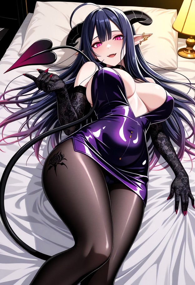 kanan takakiyo is lying on her back on silk sheets and arching her body,short dress,black silk gloves,black tights,re…