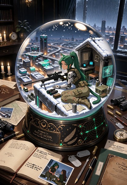 A highly detailed cinematic military sci-fi snow globe featuring Baylee Moon, displayed on the wooden desk inside The…