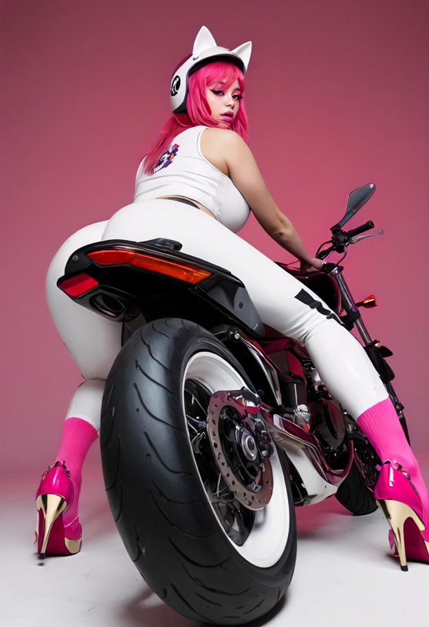 summary a striking,high-end professional photograph of a confident young woman seated on a sleek custom sport motorcy…