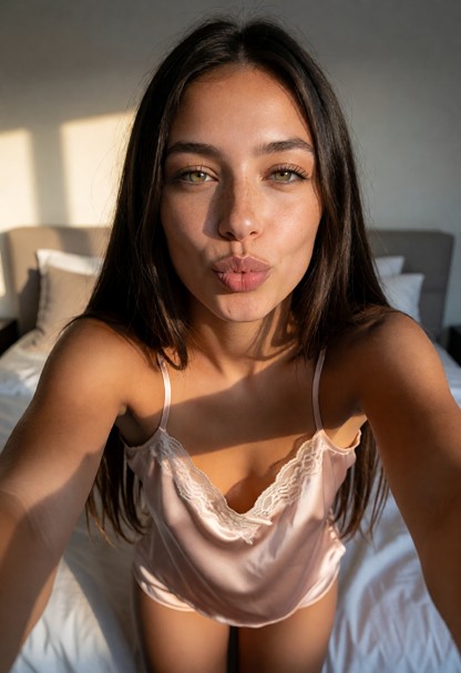 Woman leans into a first-person close-up, looks directly at the viewer, and purses her lips just before a kiss., Woma…