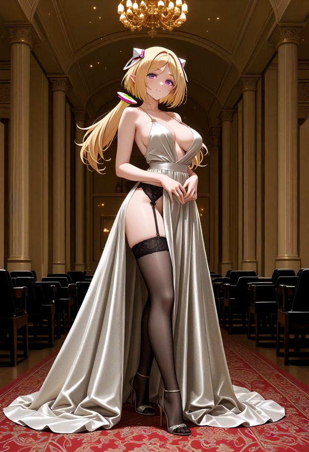 a she is wearing an evening dress with a slit,garter belt,stockings,and stiletto heels,standing gracefully,evening dr…