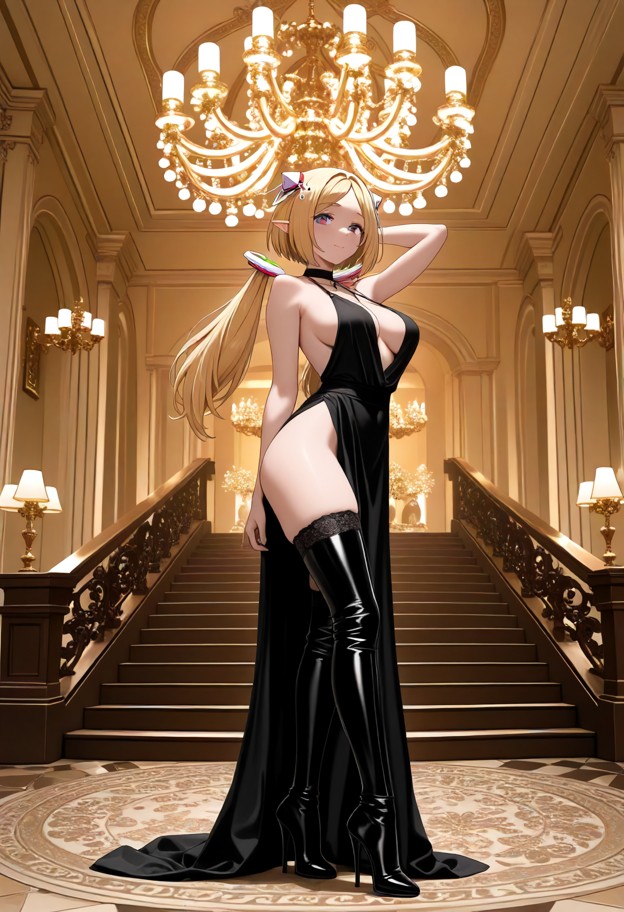 a beautiful she is standing in a luxury ballroom,wearing evening dress,slit dress,stockings,thigh high leather boots,…