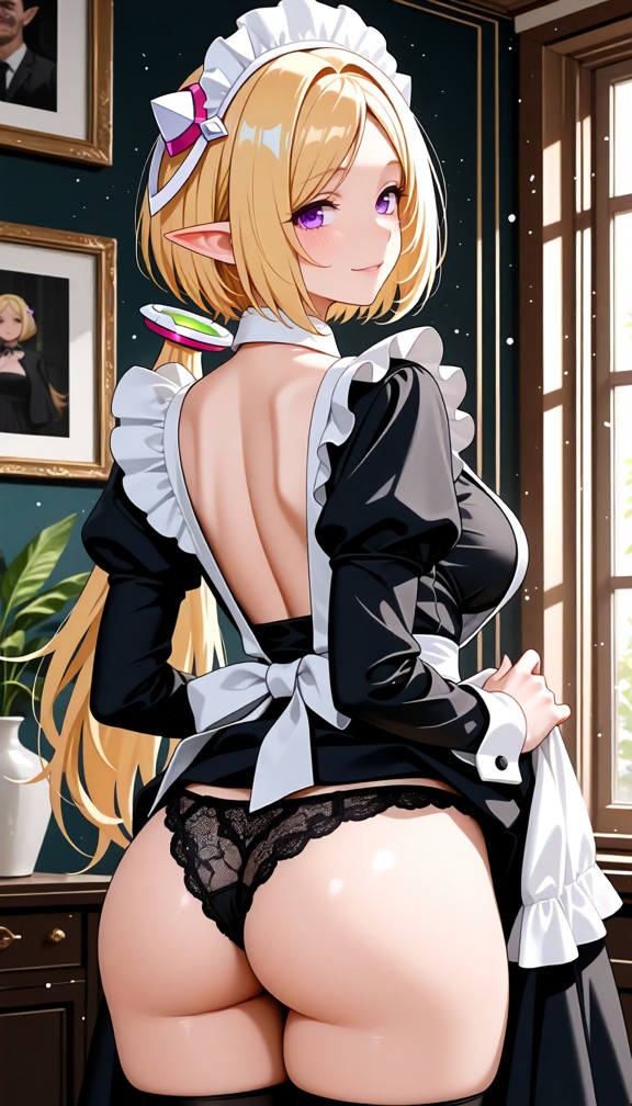 1girl,underwear,panties,ass,breasts,maid,thighhighs,black_panties,solo,maid_headdress,enmaided,indoors,clothes_lift,p…