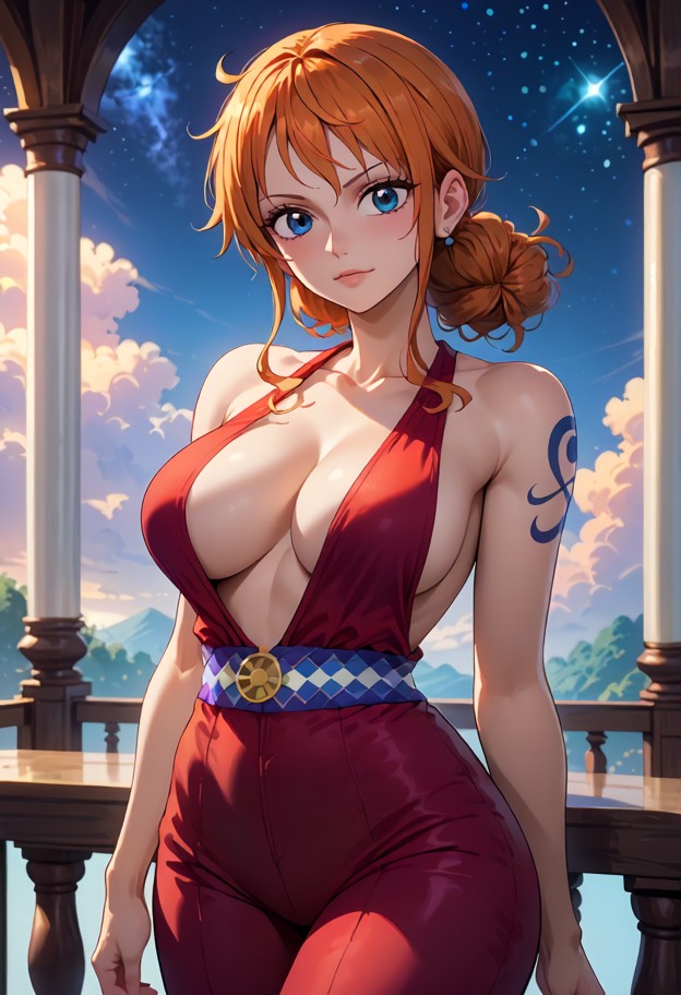 nami lunging forward to kiss the viewer with intense passion,facing viewer,red velvet suit,plunging neckline,bare bac…