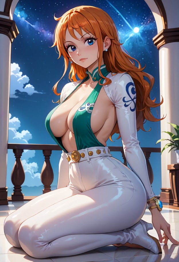 nami is kneeling on the balcony floor and touching the viewer,red velvet suit,plunging neckline,gold buttons,bare bac…