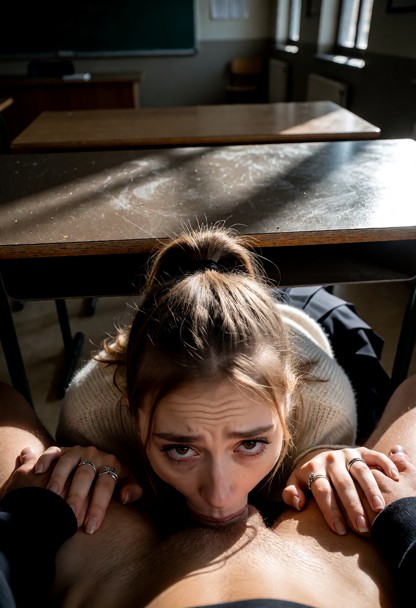 Location: dim lecture hall during a quiet afternoon, with soft shadows stretching across the wooden desks and faint l…