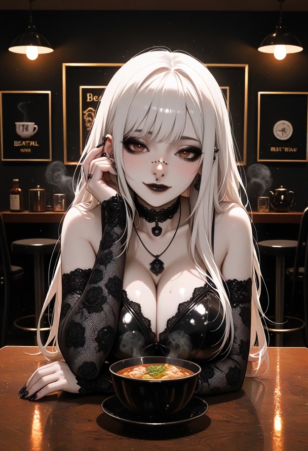 asuka leans in closer toward the viewer with a happy expression,black lace goth top,black fishnet sleeves,black velve…