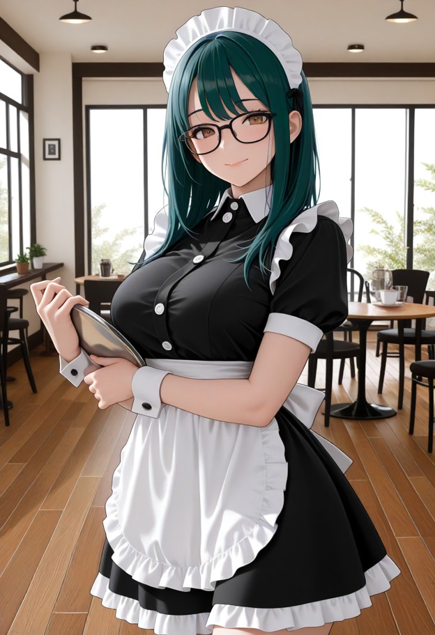 she is holding a tray in a cafe,maid outfit,black dress,white apron,maid headdress,frilled dress,puffy short sleeves,…