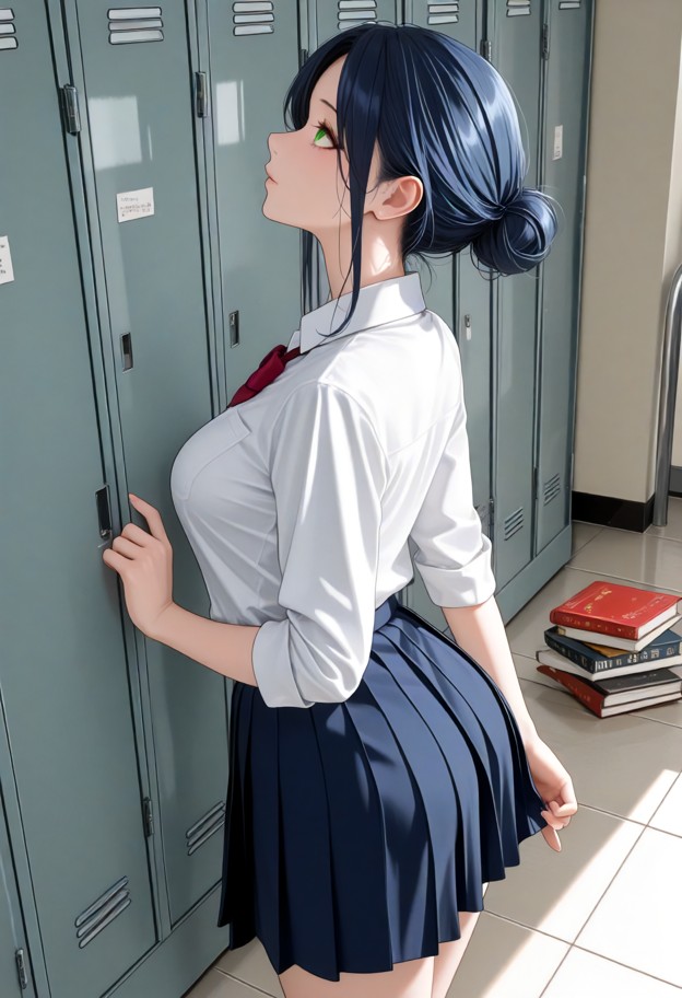 she is is standing by her locker looking up,school uniform,white shirt,pleated skirt,deserted school hallway,lockers,…