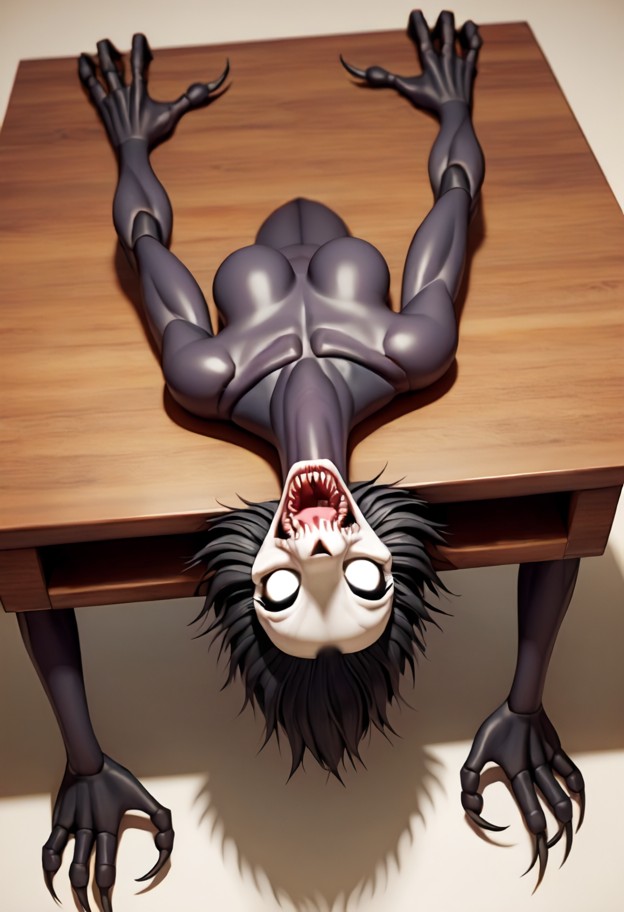 1girl,lying on back,cum dripping from mouth,upside down shot,viewed from above,looking down,table