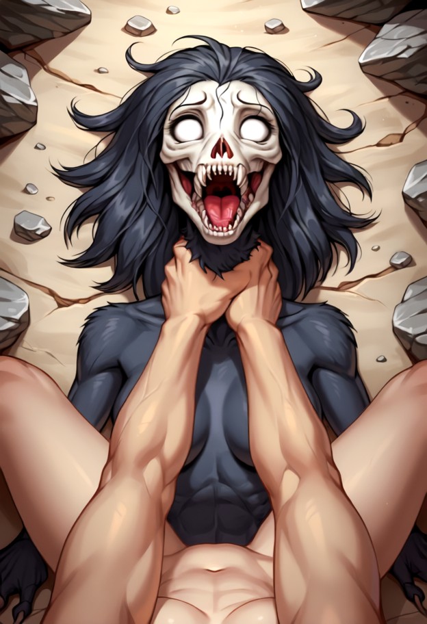 1girl,1guy,choking woman,lying on back,hands around neck,cave,rock_walls,