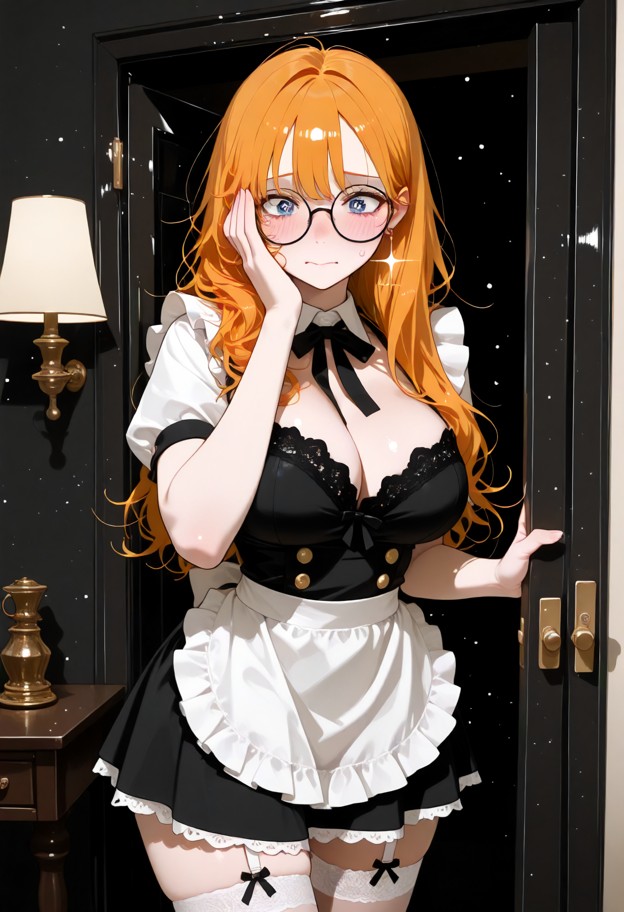 iris stood alone near the wardrobe door in the dimly lit bedroom,her face shy,wearing a white maid's uniform with bla…