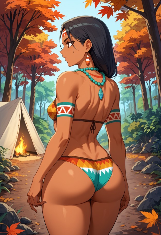 she is is standing on a fur bed at a campsite,colorful tribal pattern fur bra,colorful tribal pattern fur panties,aut…