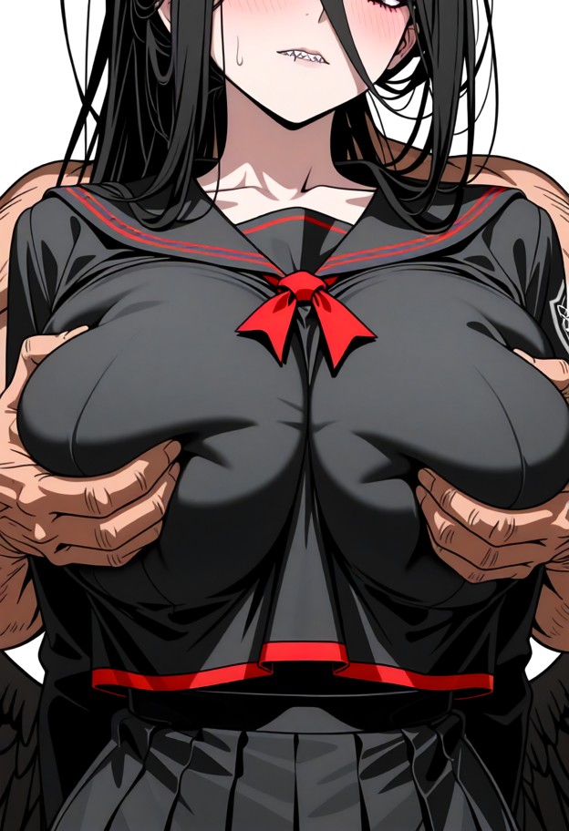 1girl 1boy,shy,blushing,biting lips,slim body,big breasts,neck out of frame,(clothed breasts frame only:2.0),bust foc…