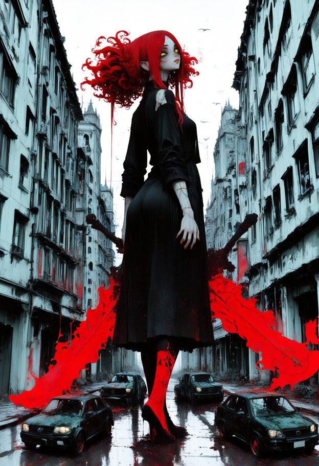 a colossal giantess walking through a narrow city street,her feet crushing tiny cars. her waist is higher than the ro…