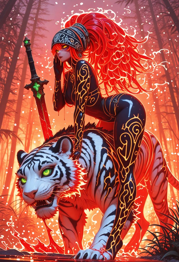a hyper-realistic cinematic shot of a young girl with flowing hair riding on the back of a giant,ancient bengal tiger…