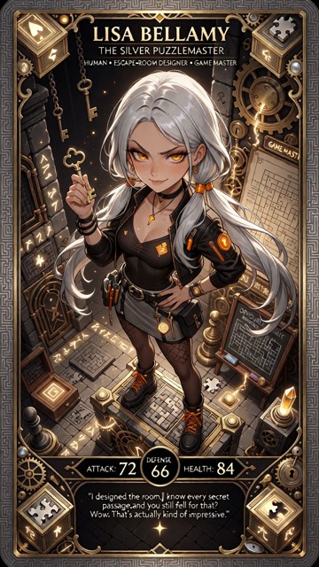 Create an exceptionally detailed **premium fantasy collectible trading card** featuring **Lisa Bellamy**, a 25-year-o…