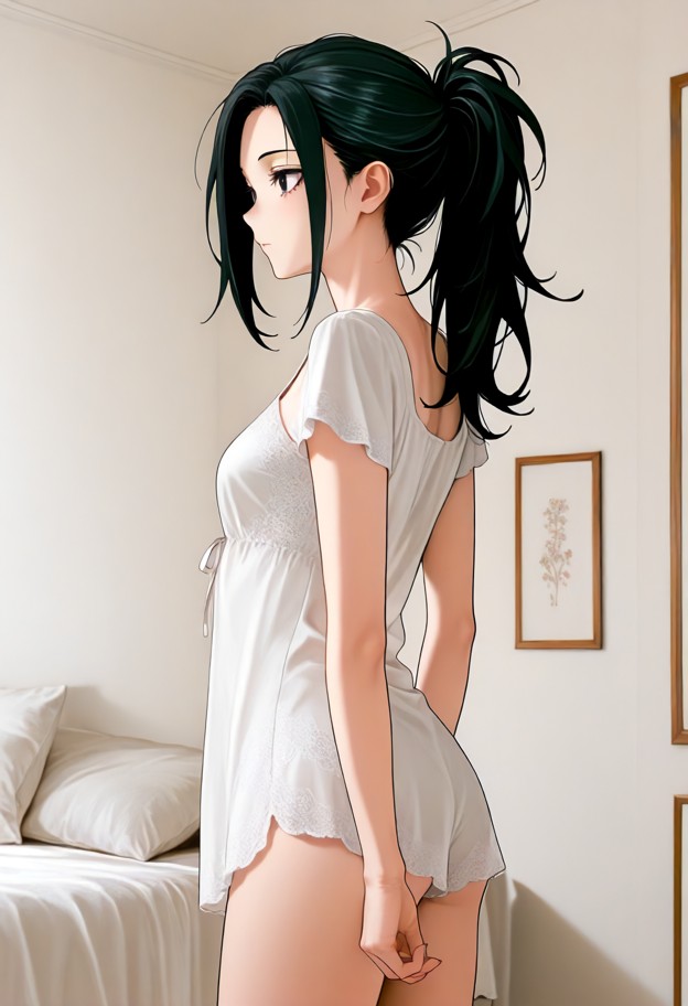 standing girl wearing short white silk nightie covering her hips,in dim bedroom,dark hair messy from wind,shocked exp…