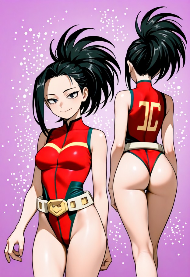anime style,momo yaoyorozu my hero academia,small slim petite athletic adult female,long black high ponytail black ey…