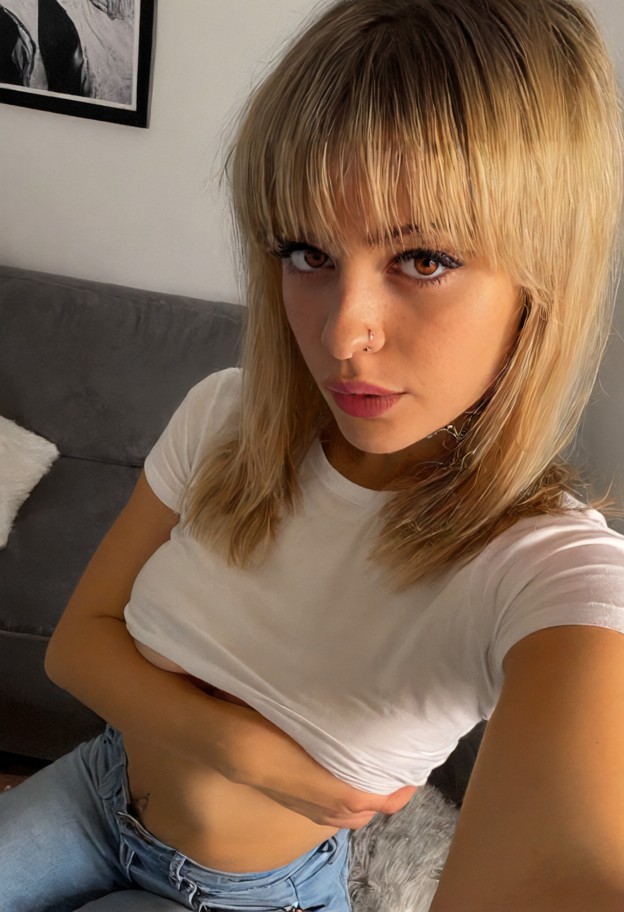 she is is gripping a guy's arm,white cotton t-shirt,blue denim jeans,living room,dim lighting,soft shadows,selfie clo…