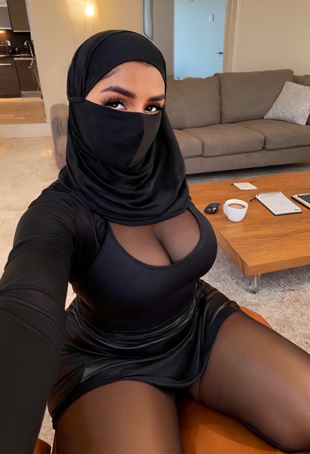 she is sitting on the couch,black niqab,long black silk dress,living room,brown leather couch,wooden coffee table,sof…